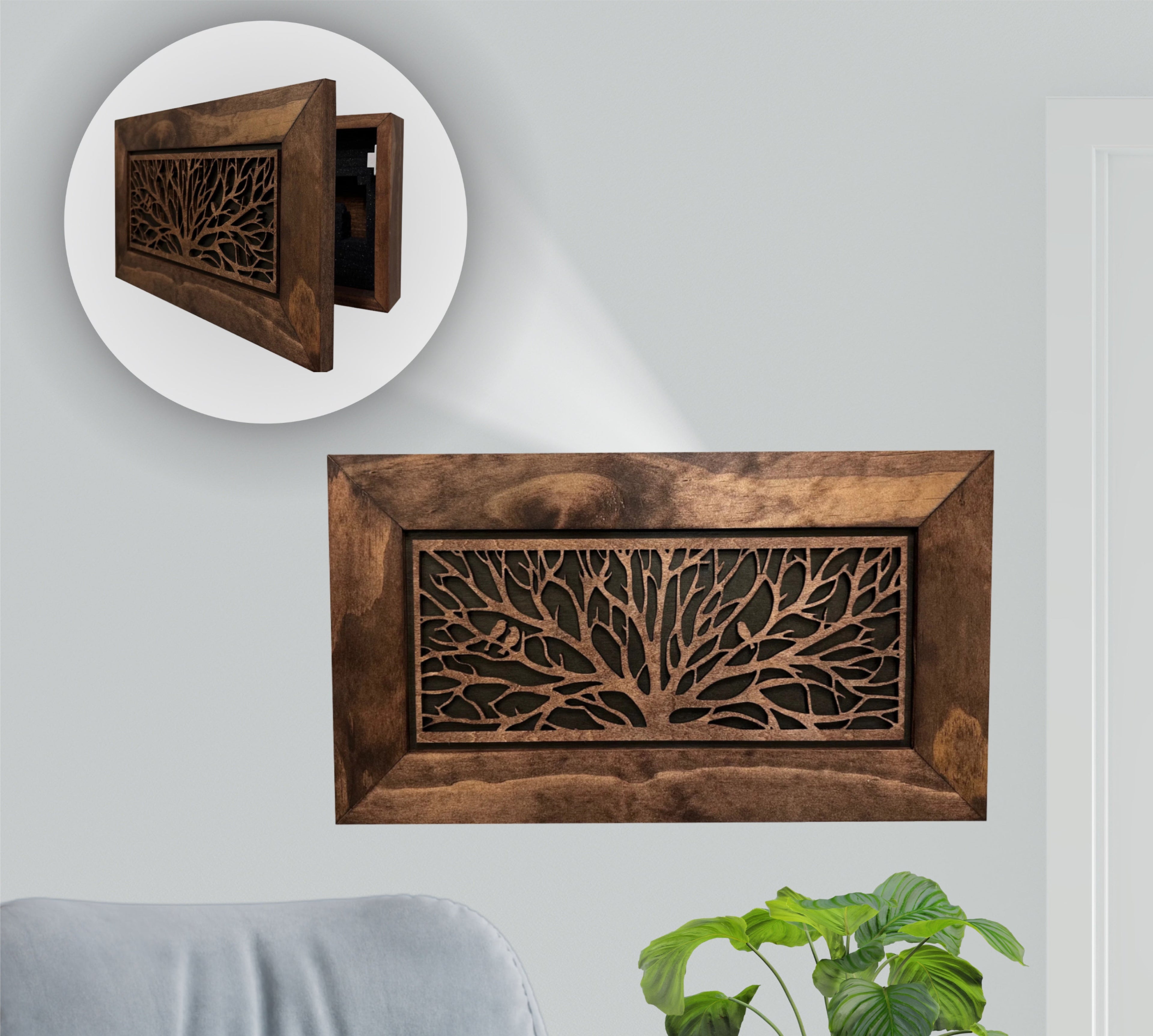 Wood Gun Cabinet Birds In A Tree Wall Decoration - Hidden Gun Safe To Securely Store Your Gun In Plain Sight